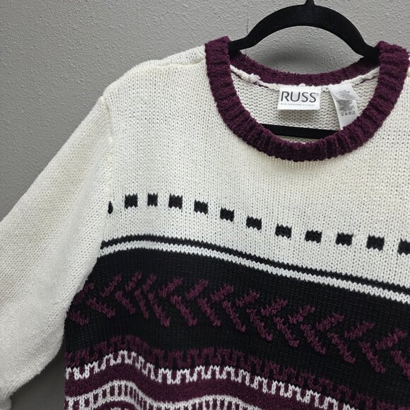 RUSS by Liz Claiborne Sweater Womens XL 16/18 White Burgundy Fair Isle Knit - Picture 2 of 10